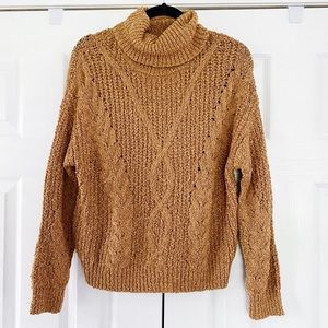 Pink Lily Chunky Knit Turtleneck Sweater Brown Tan Cowl Long Sleeve Size Medium